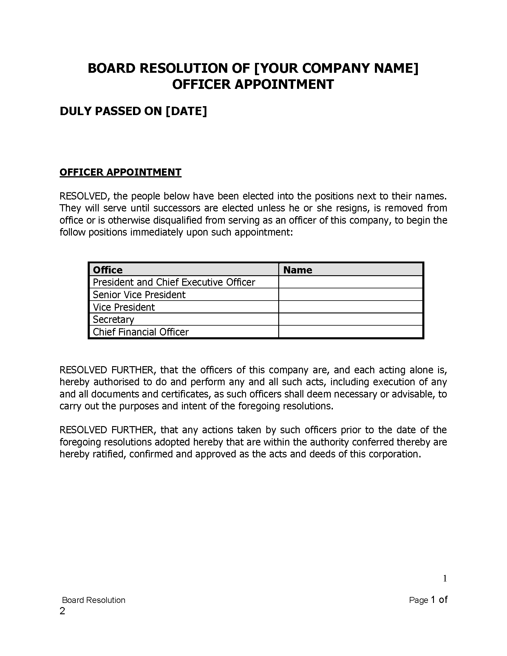Board Resolution Of [Your Company Name] Officer Appointment